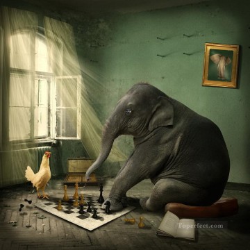 elefante ajedrez ethiriel gallina gracioso humor mascota Pinturas al óleo